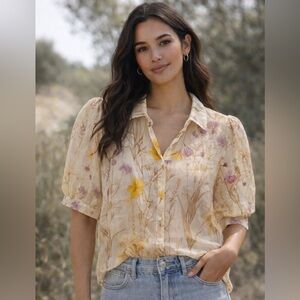 Bailey/44 Semi Sheer Lyocell Floral Blouse Puff Sleeve Size M